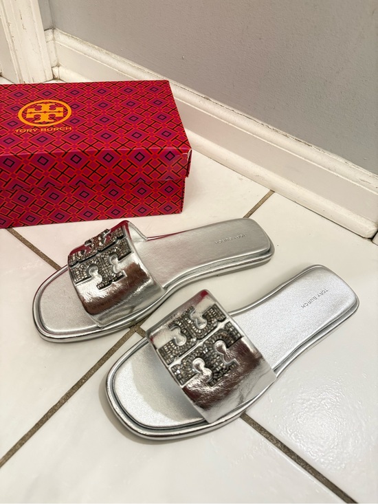 Tory Burch Shoes - Tory Burch Metallic Silver Slide Sandals